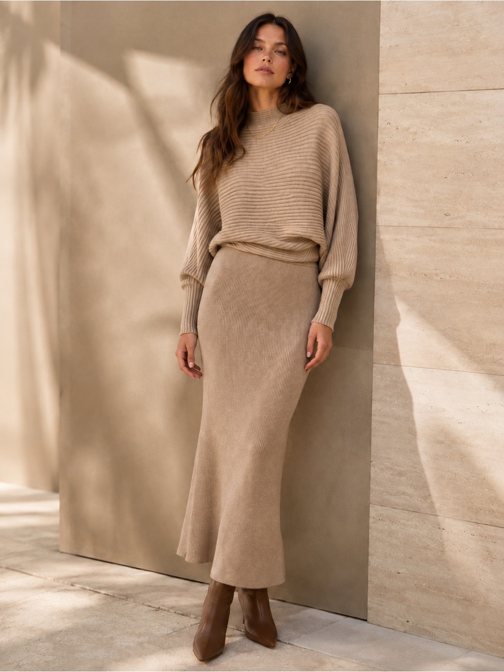 Anthropologie NWT Long Sleeve Ribbed Sweater Dress in Heather Mink, Size XL